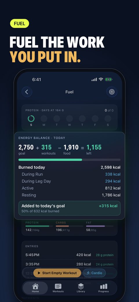 Fuel's energy balance today, with calories from workouts added to the goal