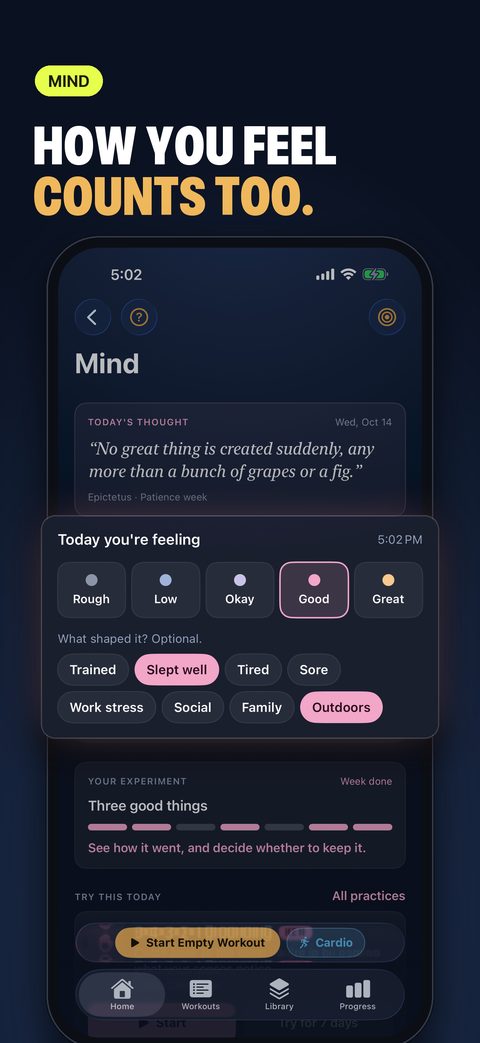 Mind with today's thought, a check-in with mood and tags, and a 7-day experiment