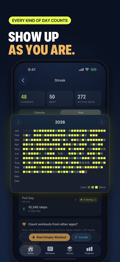 A year of days you showed up, on the streak calendar